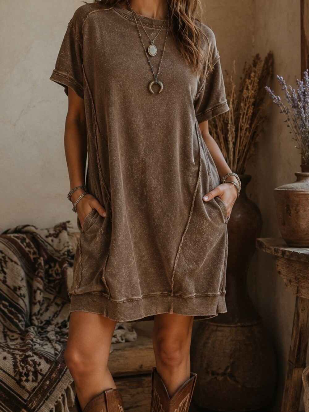 Easel Los Angeles Brown Mineral Wash Oversized Tunic Dress Size S Boho Raw Seam